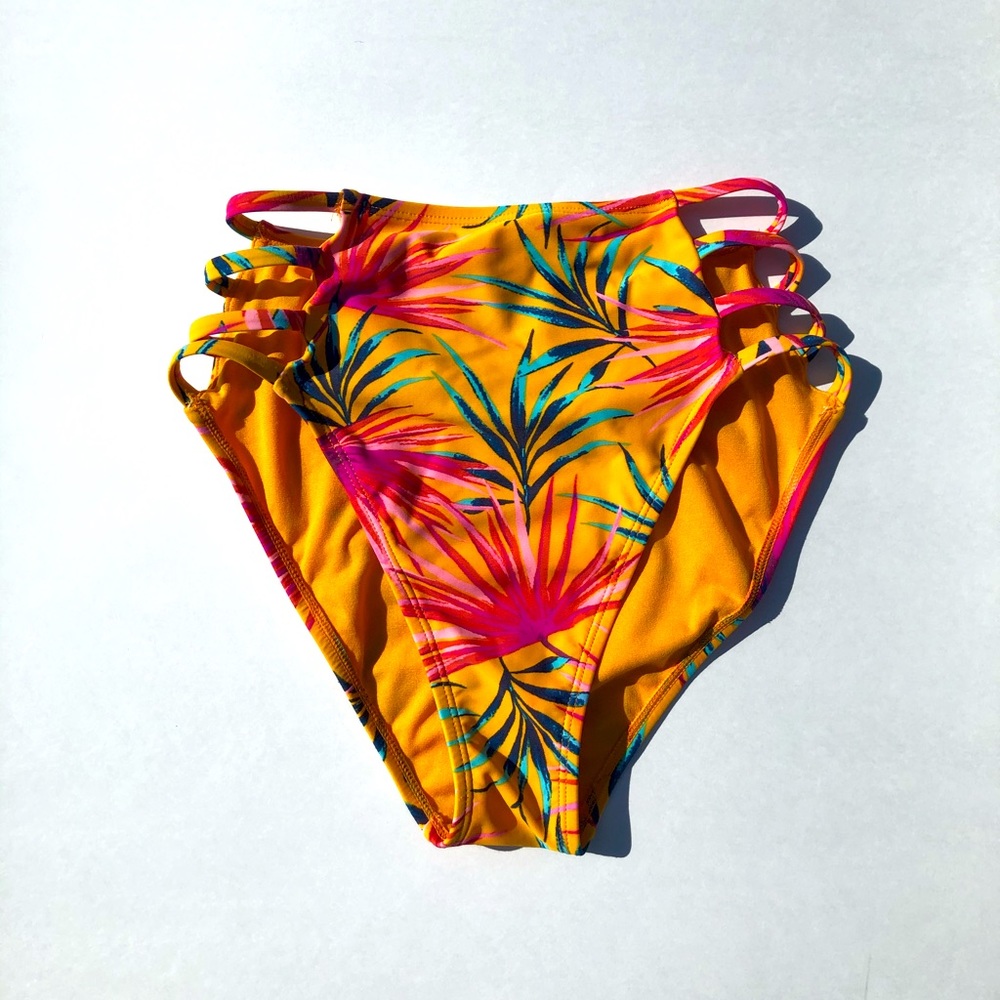 Orange Floral High-Cut Strappy Bikini Bottoms